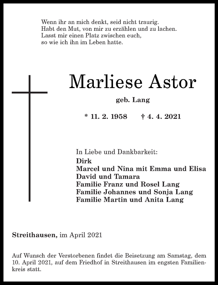  Traueranzeige für Marliese Astor vom 08.04.2021 aus Westerwälder Zeitung