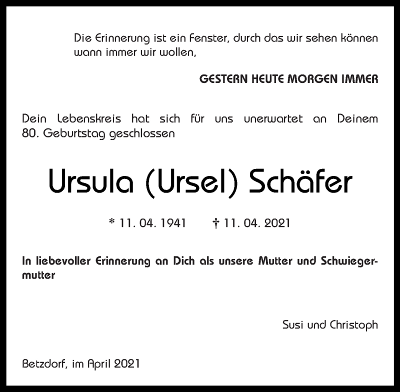  Traueranzeige für Ursula Schäfer vom 13.04.2021 aus Rhein-Zeitung