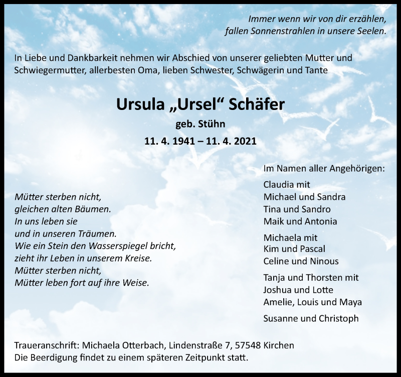  Traueranzeige für Ursula Schäfer vom 14.04.2021 aus Rhein-Zeitung