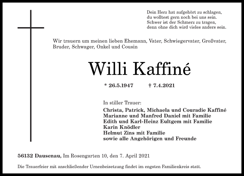  Traueranzeige für Willi Kaffiné vom 10.04.2021 aus Rhein-Lahn-Zeitung