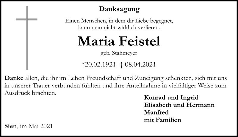 Traueranzeigen Von Maria Feistel Rz Trauer De