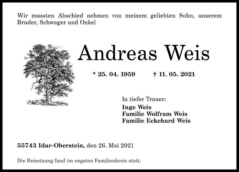  Traueranzeige für Andreas Weis vom 26.05.2021 aus Nahe-Zeitung