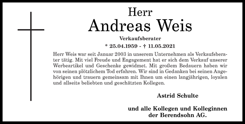  Traueranzeige für Andreas Weis vom 25.05.2021 aus Nahe-Zeitung