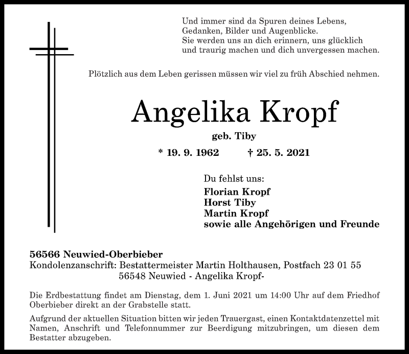  Traueranzeige für Angelika Kropf vom 29.05.2021 aus Rhein-Zeitung