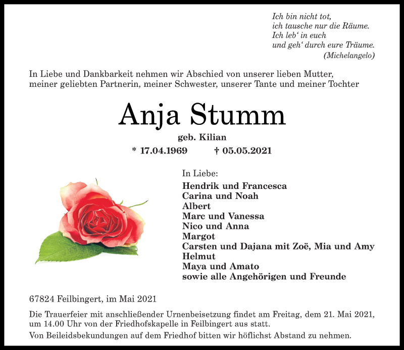  Traueranzeige für Anja Stumm vom 15.05.2021 aus Oeffentlicher Anzeiger