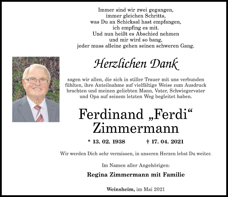  Traueranzeige für Ferdinand Zimmermann vom 29.05.2021 aus Oeffentlicher Anzeiger