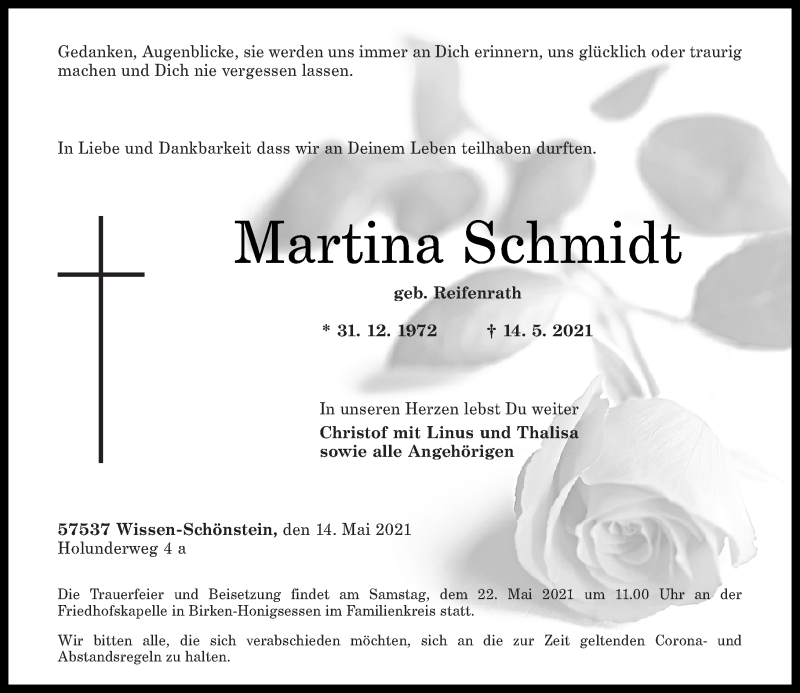 Traueranzeige für Martina Schmidt vom 19.05.2021 aus Rhein-Zeitung