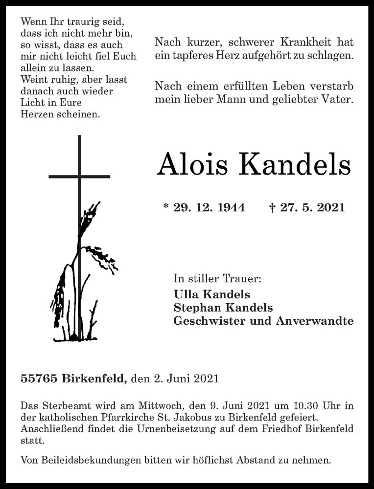  Traueranzeige für Alois Kandels vom 02.06.2021 aus Nahe-Zeitung
