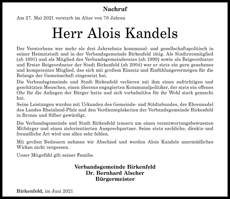  Traueranzeige für Alois Kandels vom 05.06.2021 aus Nahe-Zeitung