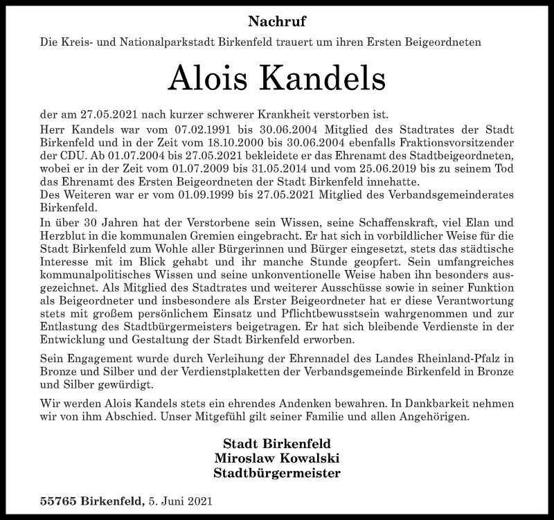  Traueranzeige für Alois Kandels vom 05.06.2021 aus Nahe-Zeitung