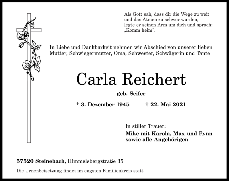  Traueranzeige für Carla Reichert vom 01.06.2021 aus Rhein-Zeitung