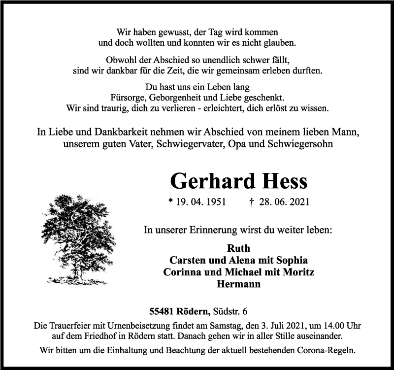  Traueranzeige für Gerhard Hess vom 01.07.2021 aus Rhein-Hunsrück-Zeitung