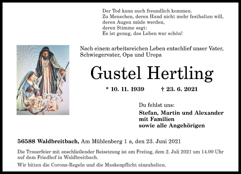  Traueranzeige für Gustel Hertling vom 26.06.2021 aus Rhein-Zeitung
