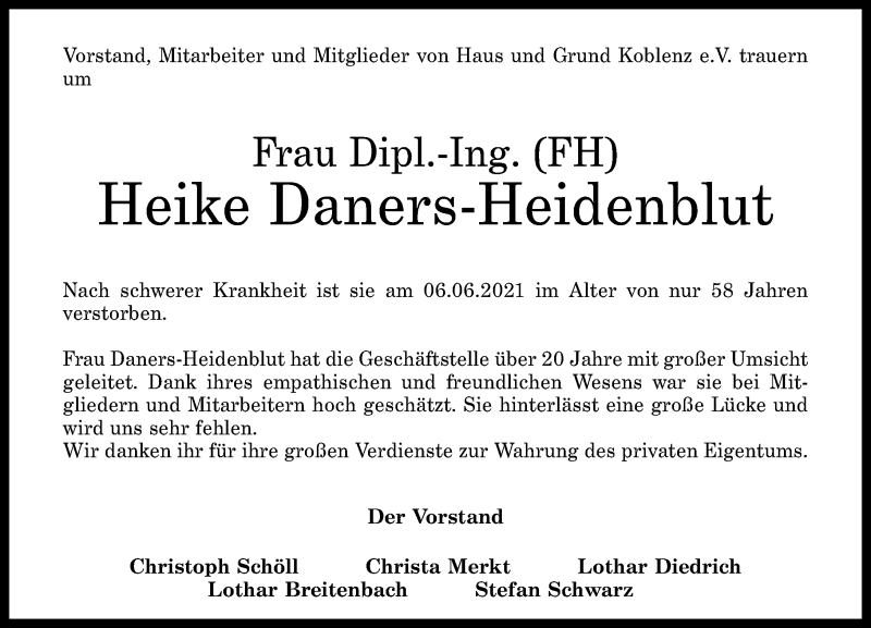  Traueranzeige für Heike Daners-Heidenblut vom 19.06.2021 aus Rhein-Zeitung