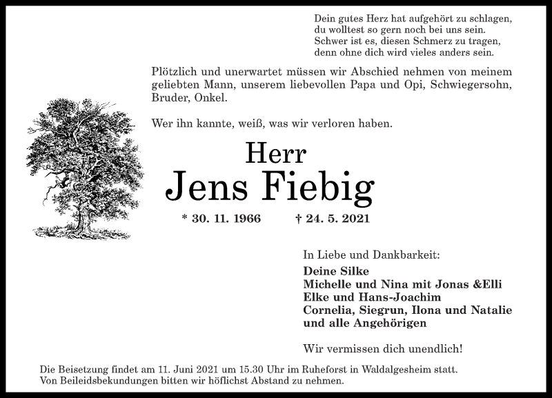  Traueranzeige für Jens Fiebig vom 07.06.2021 aus Oeffentlicher Anzeiger