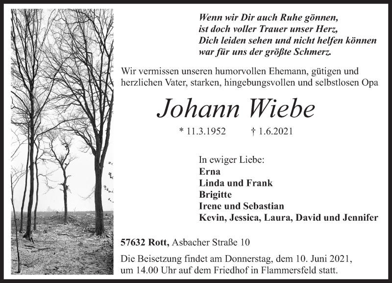  Traueranzeige für Johann Wiebe vom 05.06.2021 aus Rhein-Zeitung