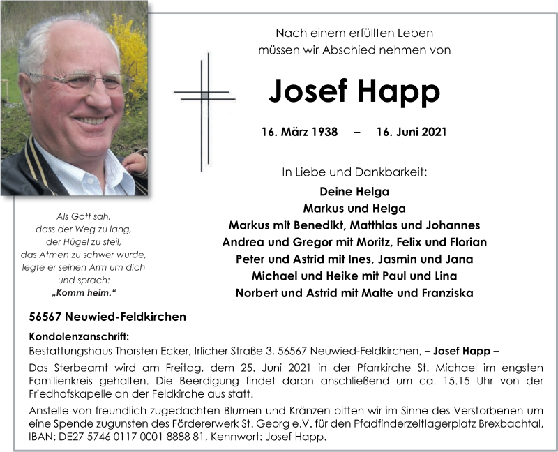  Traueranzeige für Josef Happ vom 19.06.2021 aus Rhein-Zeitung