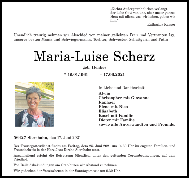  Traueranzeige für Maria-Luise Scherz vom 24.06.2021 aus Westerwälder Zeitung