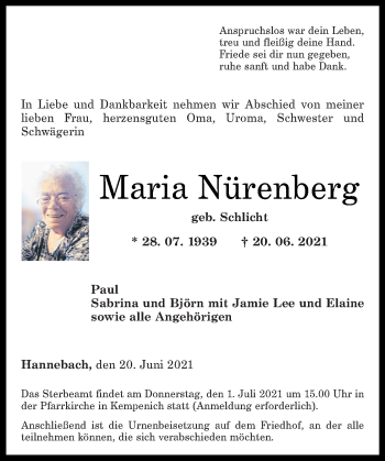 Traueranzeige von Maria Nürenberg von Rhein-Zeitung
