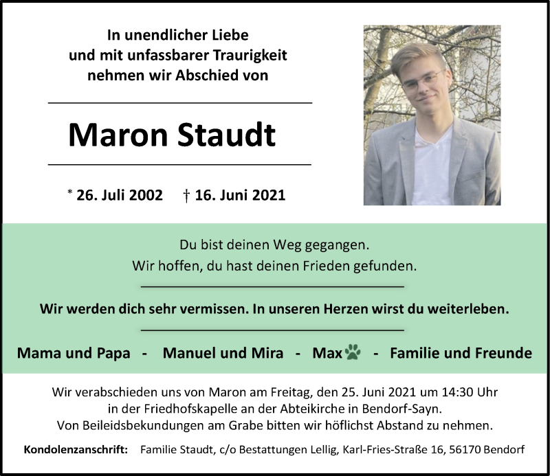  Traueranzeige für Maron Staudt vom 23.06.2021 aus Rhein-Zeitung