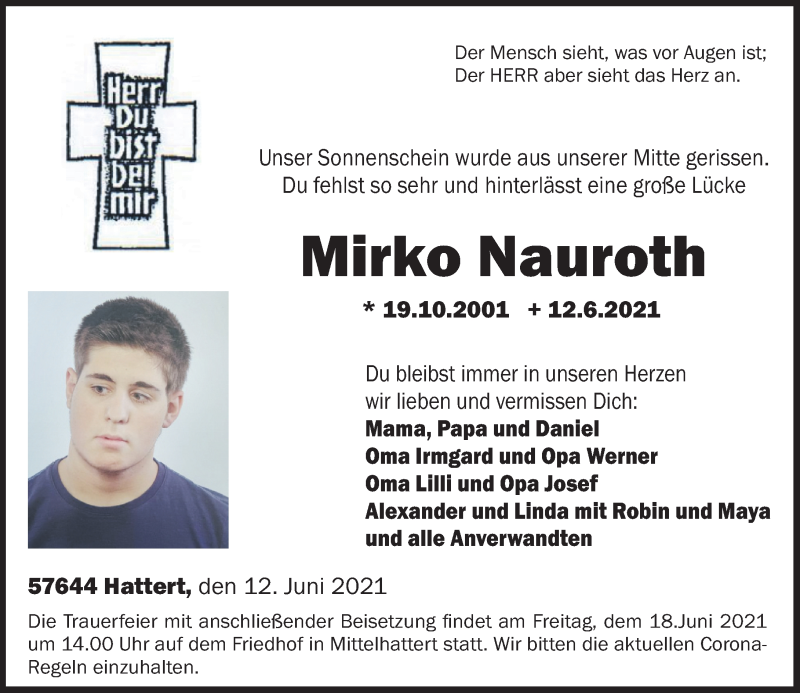  Traueranzeige für Mirko Nauroth vom 15.06.2021 aus Westerwälder Zeitung