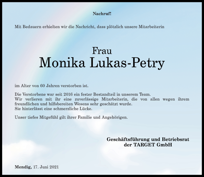  Traueranzeige für Monika Lukas-Petry vom 17.06.2021 aus Rhein-Hunsrück-Zeitung