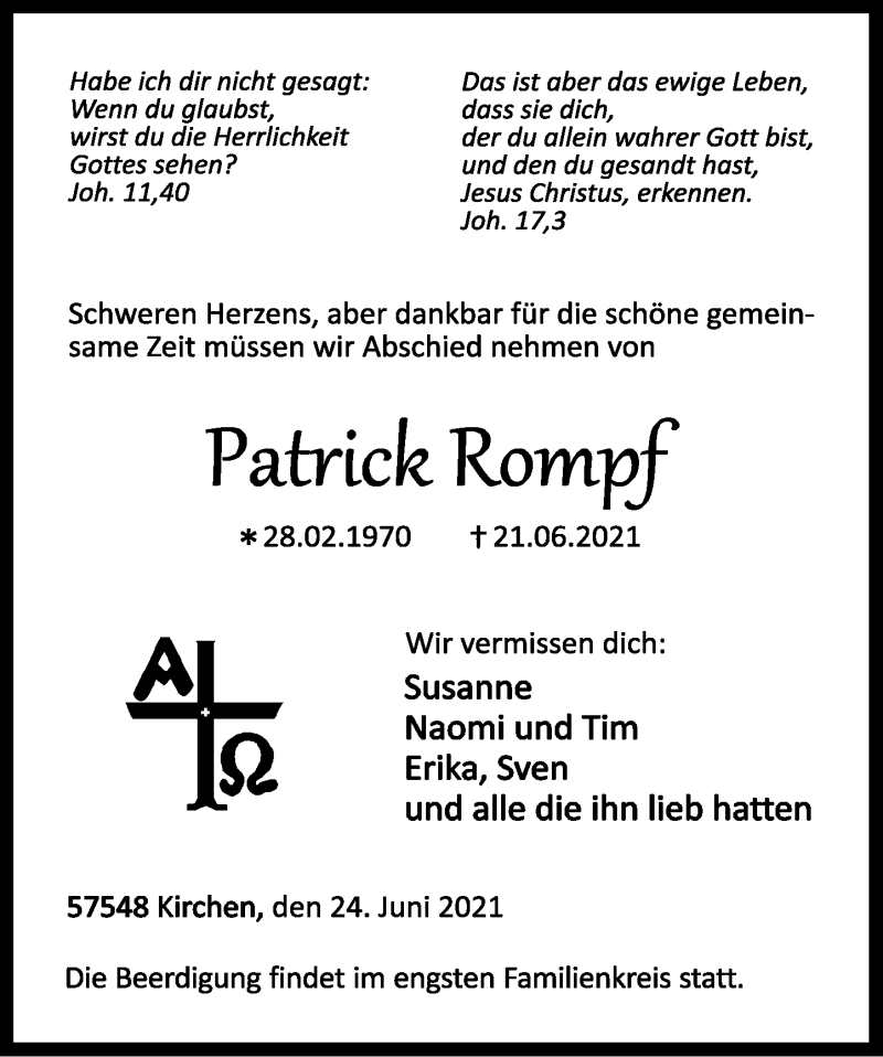  Traueranzeige für Patrick Rompf vom 24.06.2021 aus Rhein-Zeitung