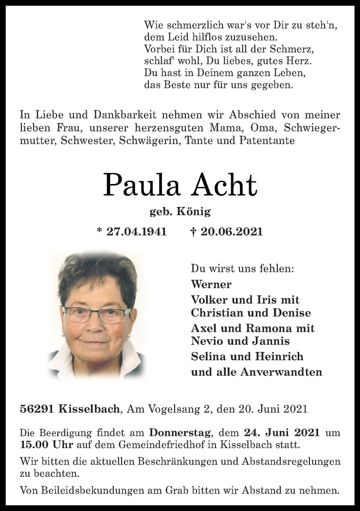  Traueranzeige für Paula Acht vom 23.06.2021 aus Rhein-Hunsrück-Zeitung