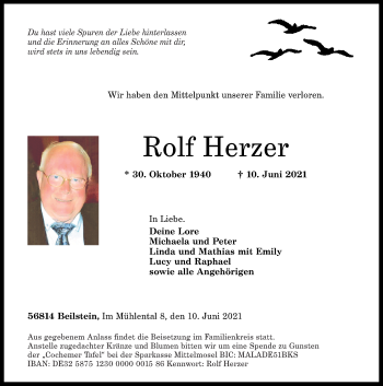 Traueranzeige von Rolf Herzer von Rhein-Zeitung