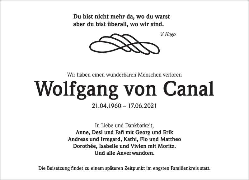  Traueranzeige für Wolfgang von Canal vom 19.06.2021 aus Rhein-Zeitung