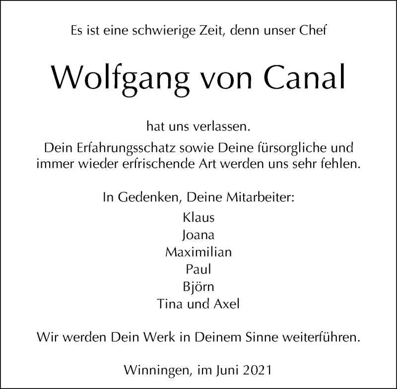  Traueranzeige für Wolfgang von Canal vom 19.06.2021 aus Rhein-Zeitung