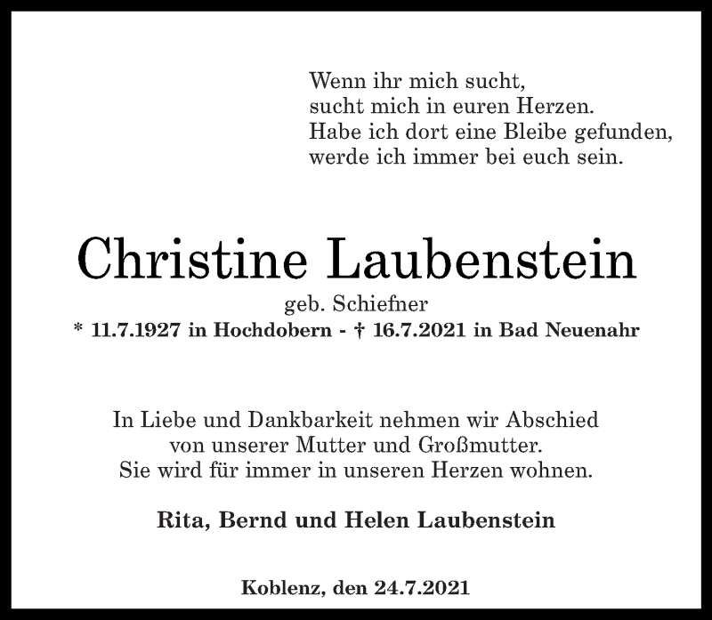 Traueranzeigen von Christine Laubenstein | rz-trauer.de