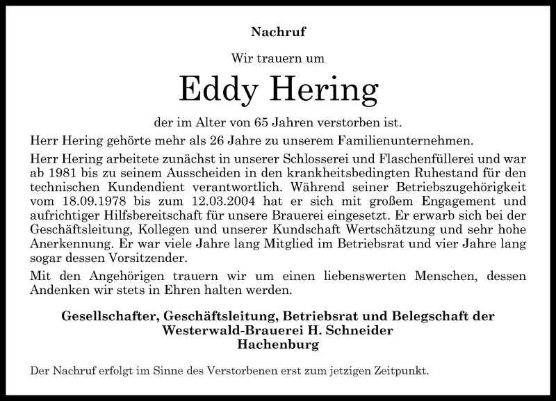  Traueranzeige für Eddy Hering vom 31.07.2021 aus Westerwälder Zeitung