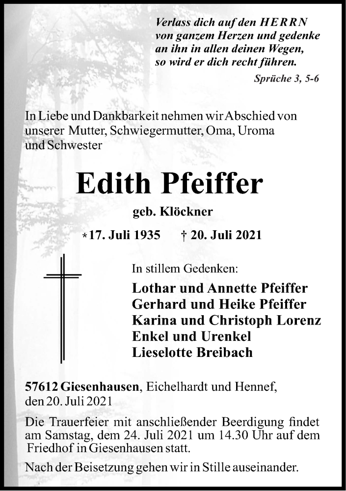  Traueranzeige für Edith Pfeiffer vom 22.07.2021 aus Westerwälder Zeitung
