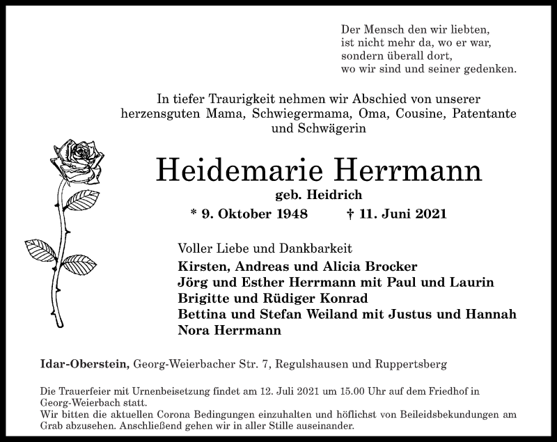 Traueranzeigen von Heidemarie Herrmann | rz-trauer.de