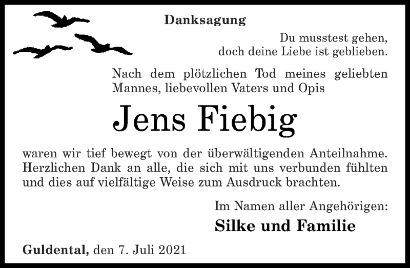  Traueranzeige für Jens Fiebig vom 08.07.2021 aus Oeffentlicher Anzeiger
