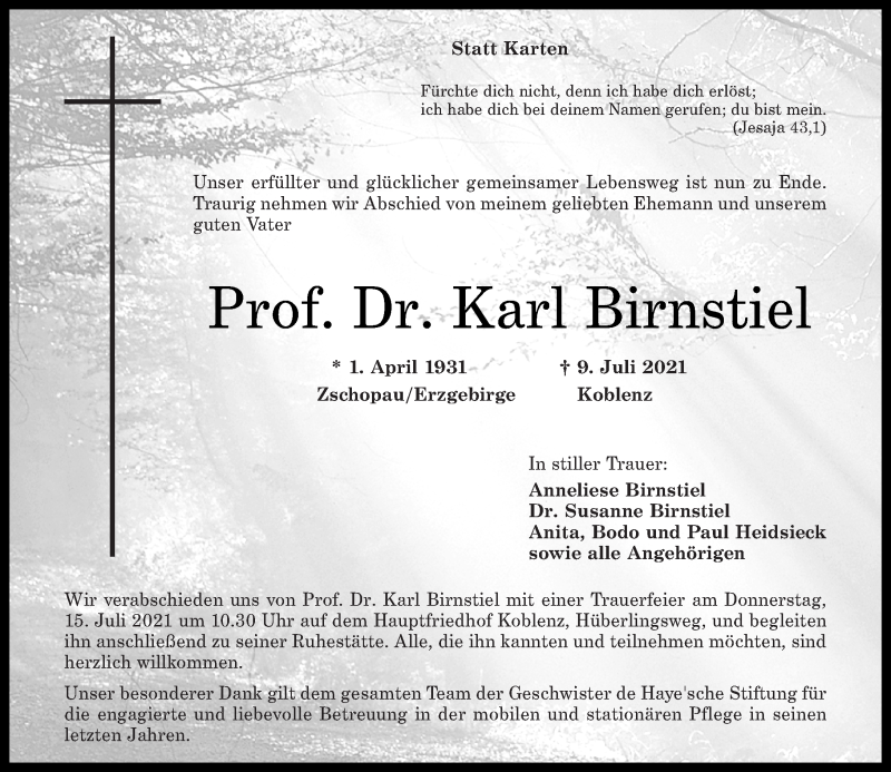  Traueranzeige für Karl Birnstiel vom 14.07.2021 aus Rhein-Zeitung