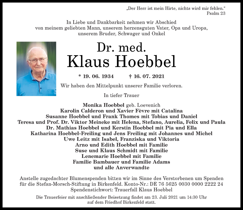  Traueranzeige für Klaus Hoebbel vom 17.07.2021 aus Nahe-Zeitung