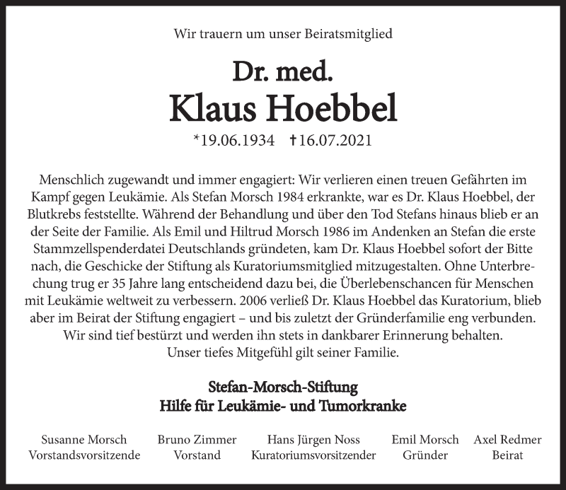  Traueranzeige für Klaus Hoebbel vom 20.07.2021 aus Oeffentlicher Anzeiger