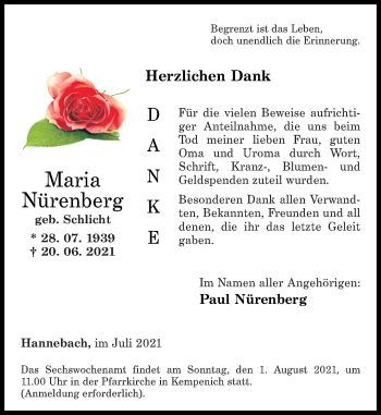 Traueranzeige von Maria Nürenberg von Rhein-Zeitung