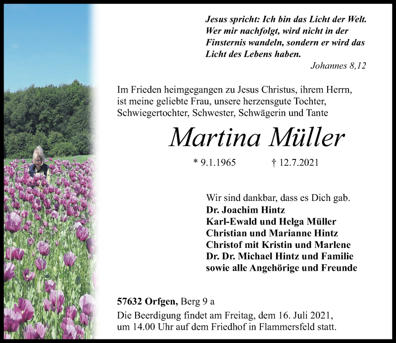  Traueranzeige für Martina Müller vom 14.07.2021 aus Westerwälder Zeitung