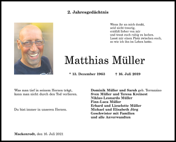 Traueranzeige von Matthias Müller von Nahe-Zeitung