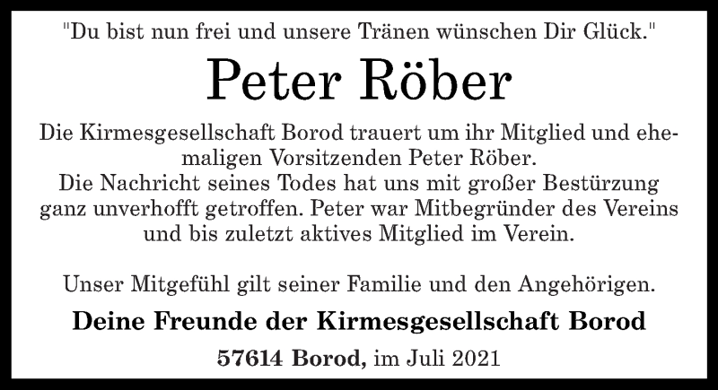  Traueranzeige für Peter Röber vom 27.07.2021 aus Westerwälder Zeitung