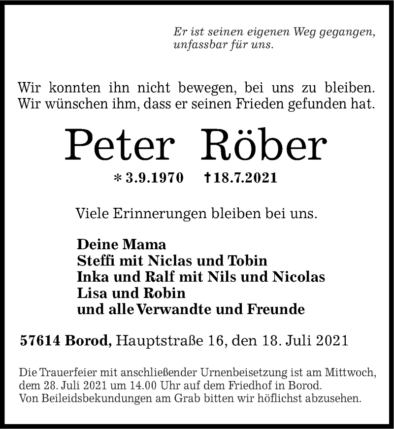  Traueranzeige für Peter Röber vom 23.07.2021 aus Westerwälder Zeitung