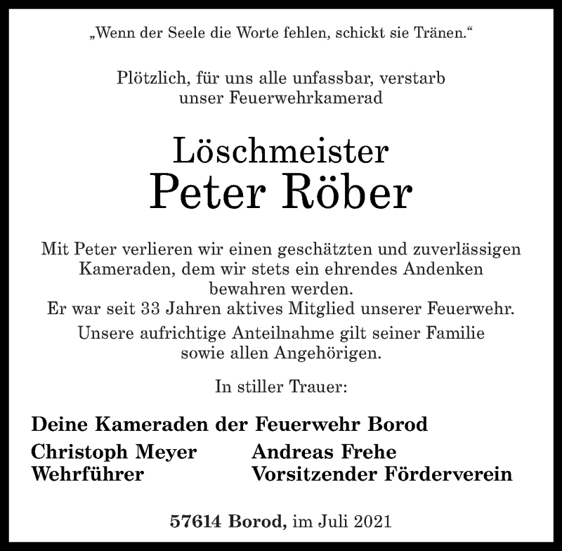  Traueranzeige für Peter Röber vom 23.07.2021 aus Westerwälder Zeitung