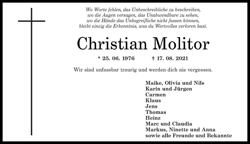 Traueranzeige für Christian Molitor vom 28.08.2021 aus Oeffentlicher Anzeiger