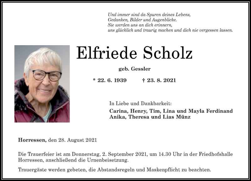  Traueranzeige für Elfriede Scholz vom 28.08.2021 aus Westerwälder Zeitung
