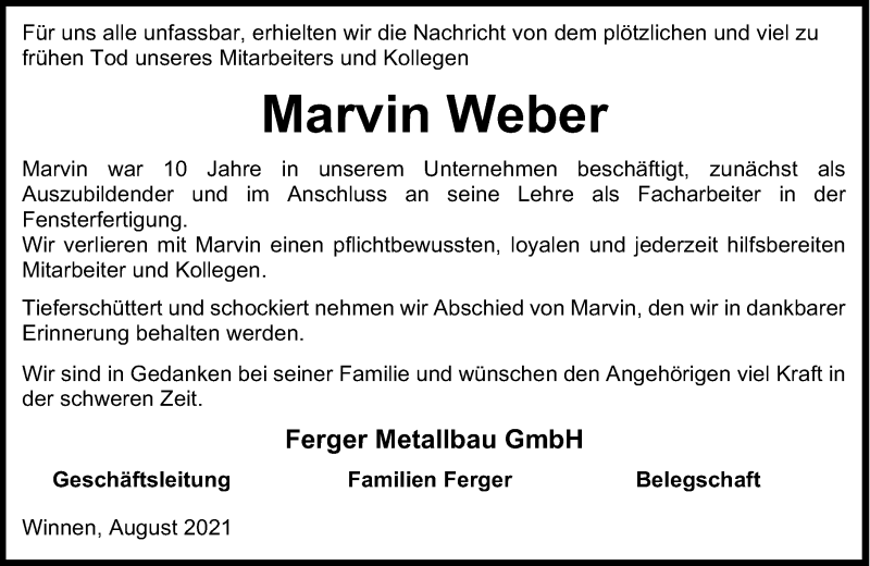  Traueranzeige für Marvin Weber vom 19.08.2021 aus Westerwälder Zeitung