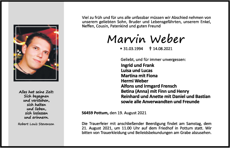  Traueranzeige für Marvin Weber vom 19.08.2021 aus Westerwälder Zeitung