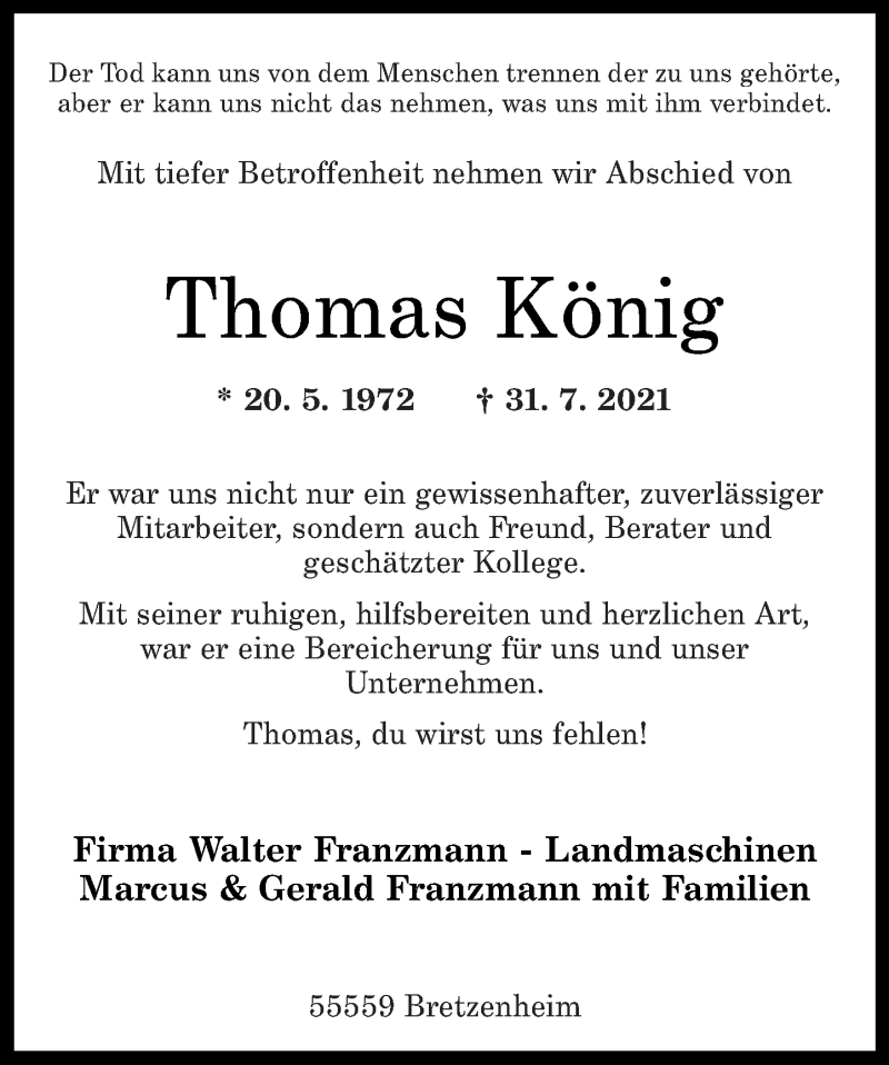  Traueranzeige für Thomas König vom 09.08.2021 aus Oeffentlicher Anzeiger